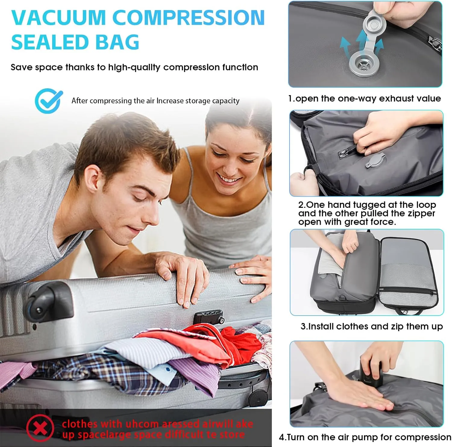 Vacuum Backpack Travel with Pump, 40L Expandable Carry on Compression Backpack Flight Approved for Women Men Fit 17 Inch Laptop with USB Charging Port Business Weekender