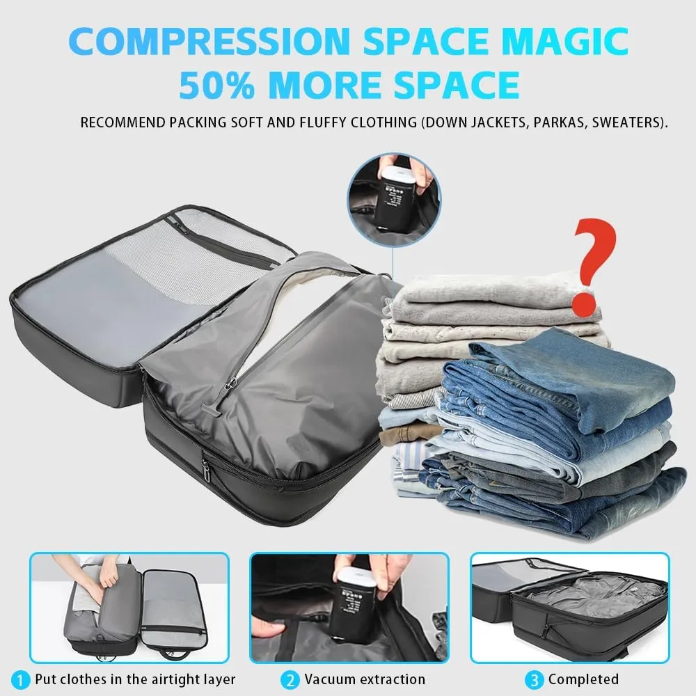 Vacuum Backpack Travel with Pump, 40L Expandable Carry on Compression Backpack Flight Approved for Women Men Fit 17 Inch Laptop with USB Charging Port Business Weekender