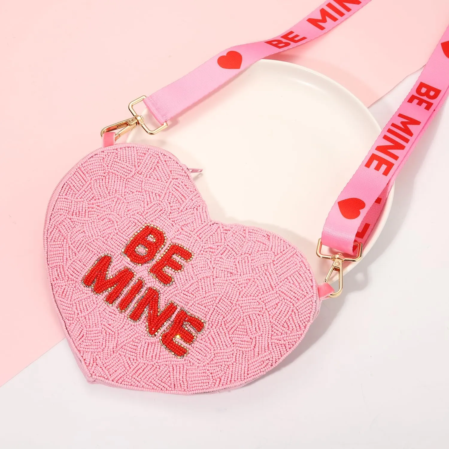 Valentine’s Day Heart Purse for Women Girls Red Pink Beaded Heart Crossbody Bag LOVE XOXO Heart Shoulder Bag Gifts