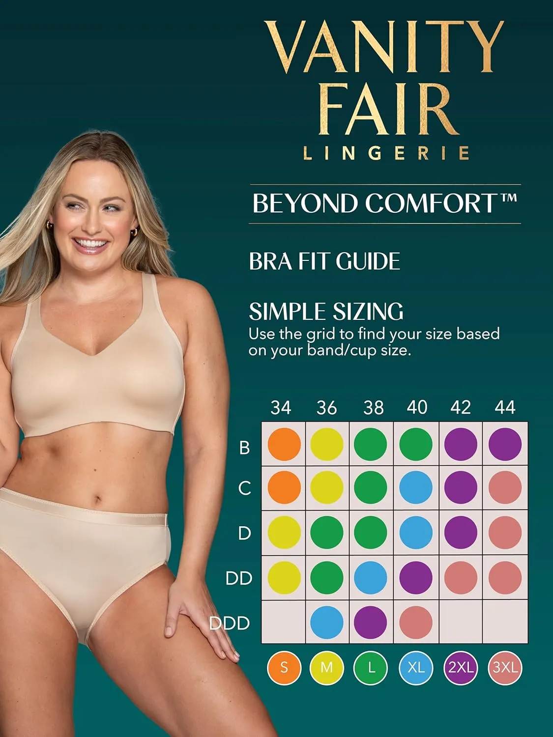 Vanity Fair Women's Beyond Comfort Wireless Bra, Convertible Straps & Flexible Fit, Simple Sizing Available S-3XL