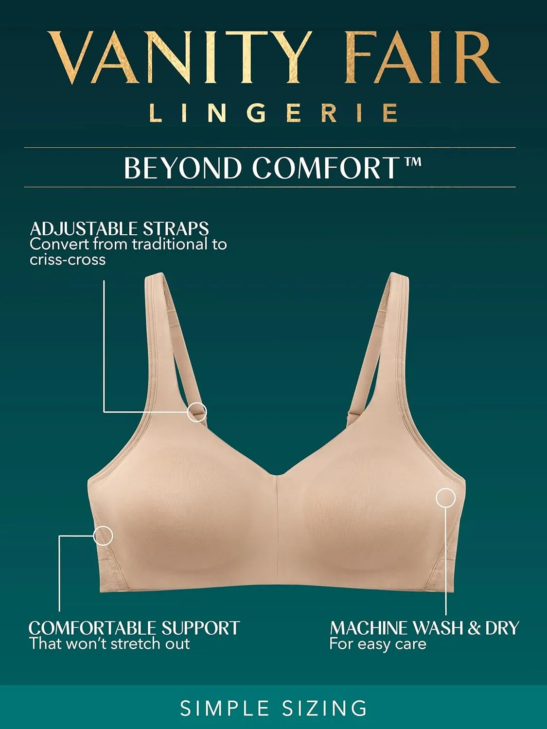 Vanity Fair Women's Beyond Comfort Wireless Bra, Convertible Straps & Flexible Fit, Simple Sizing Available S-3XL
