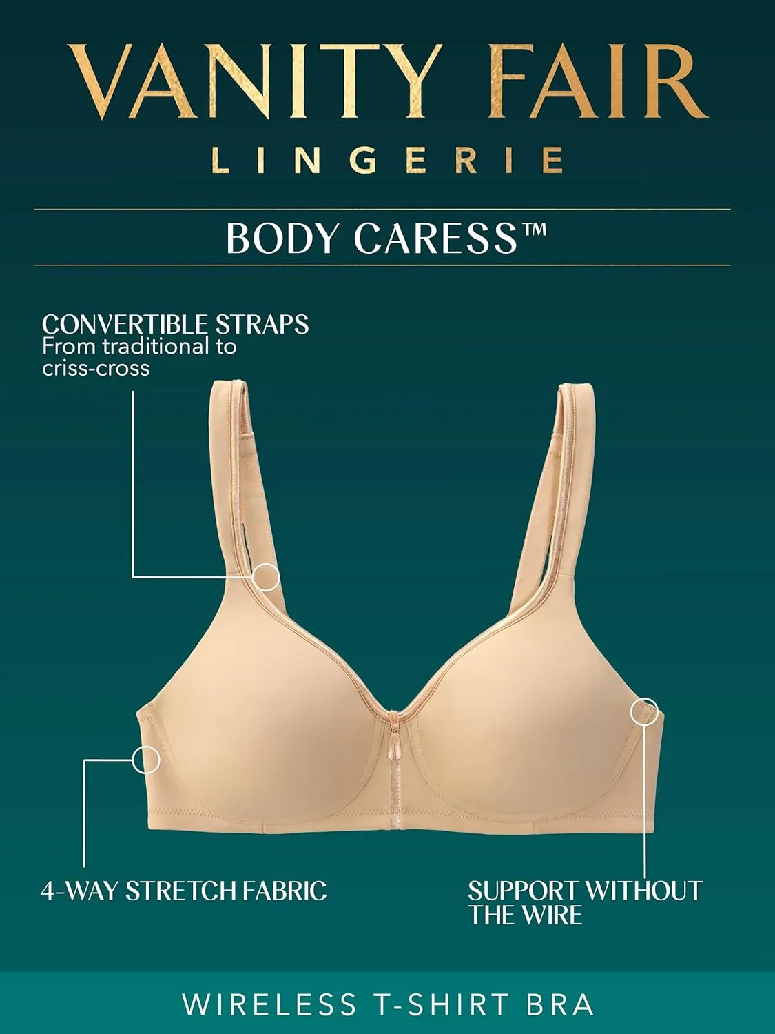 Vanity Fair Women's Bra with 2-Way Convertible Straps, Body Caress Full Coverage, Lightly Lined Cups up to DD