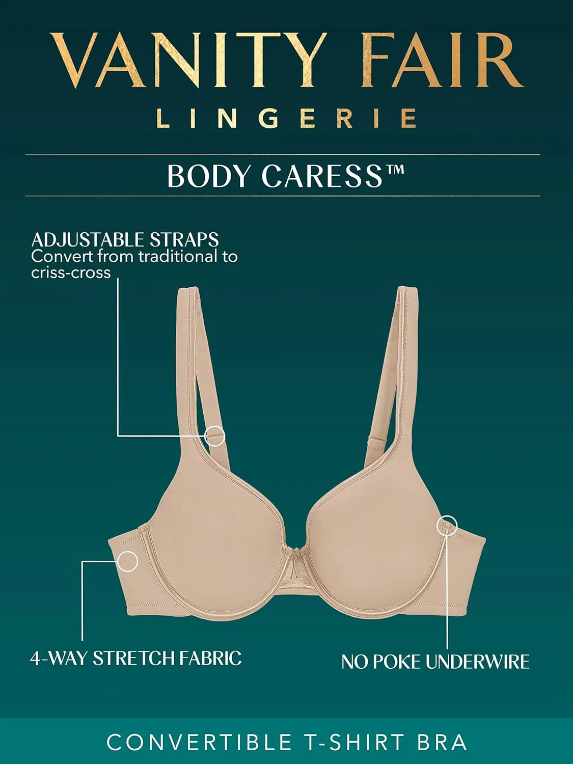 Vanity Fair Women's Bra with 2-Way Convertible Straps, Body Caress Full Coverage, Lightly Lined Cups up to DD