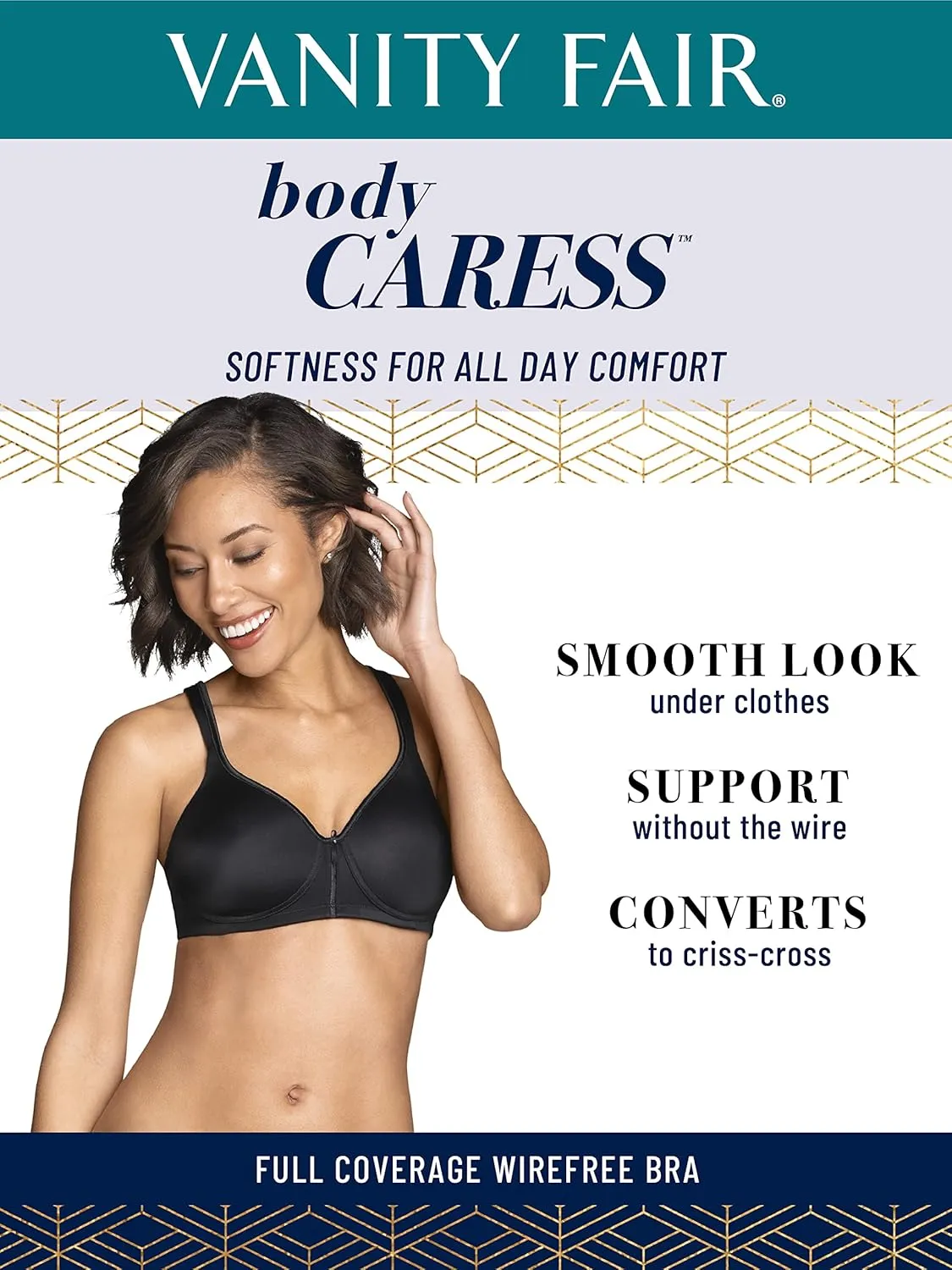 Vanity Fair Women's Bra with 2-Way Convertible Straps, Body Caress Full Coverage, Lightly Lined Cups up to DD