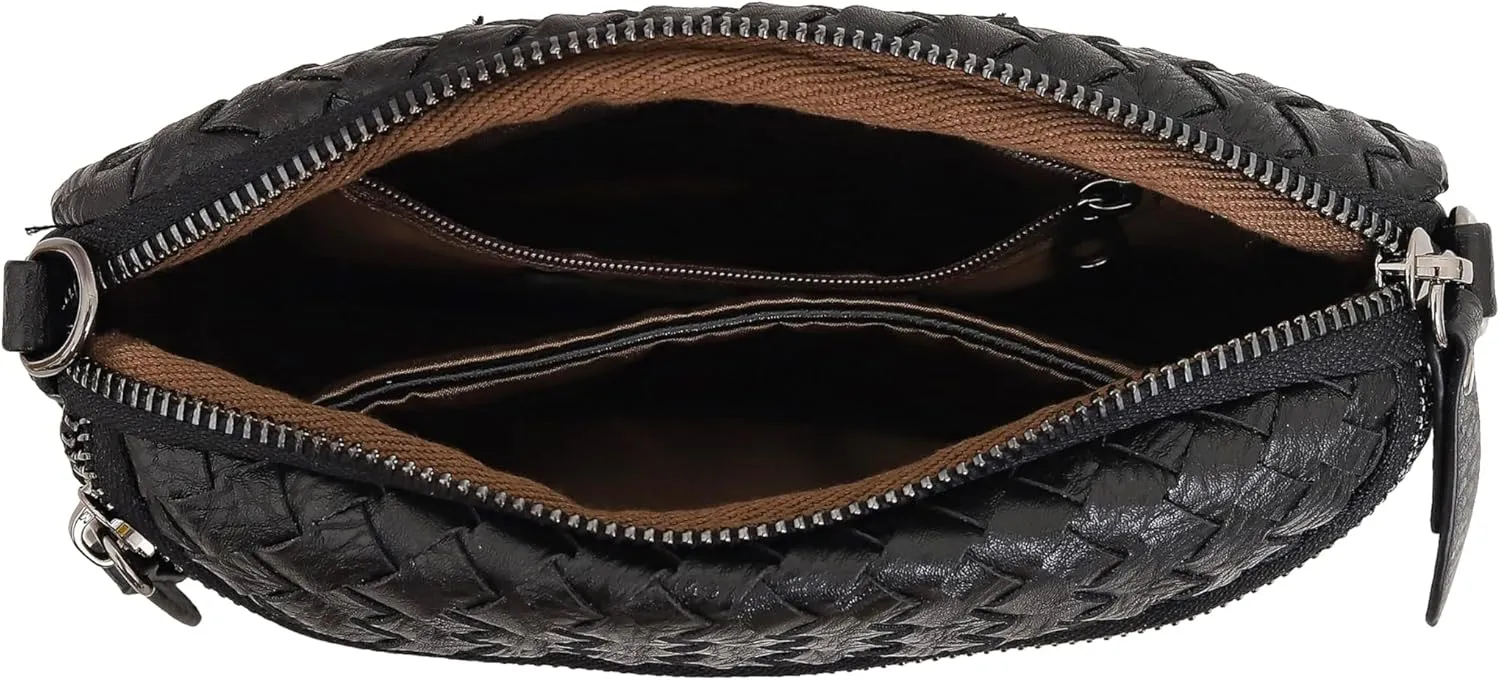 Vegan Leather Crossbody Handbag For Women, Handwoven Small Shoulder Purse with Wristlet & Adjustable Strap