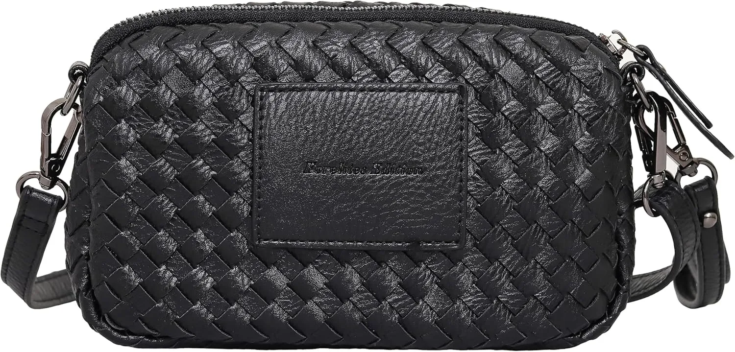 Vegan Leather Crossbody Handbag For Women, Handwoven Small Shoulder Purse with Wristlet & Adjustable Strap