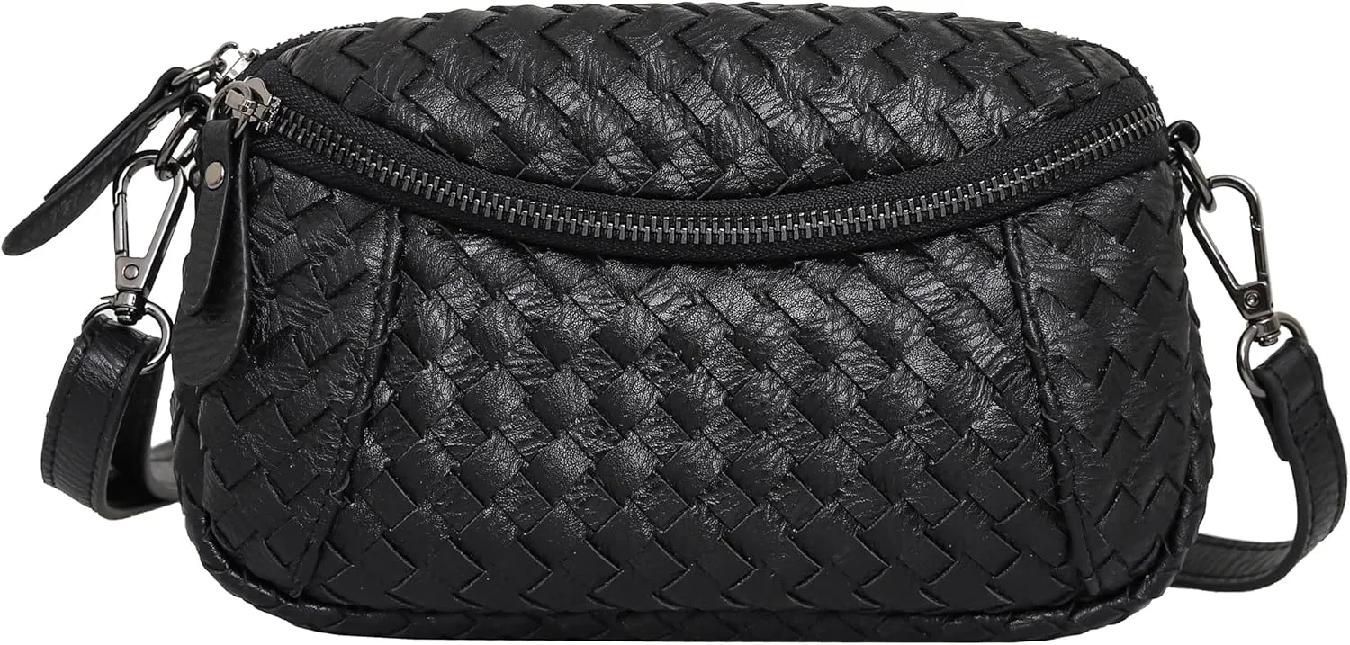 Vegan Leather Crossbody Handbag For Women, Handwoven Small Shoulder Purse with Wristlet & Adjustable Strap