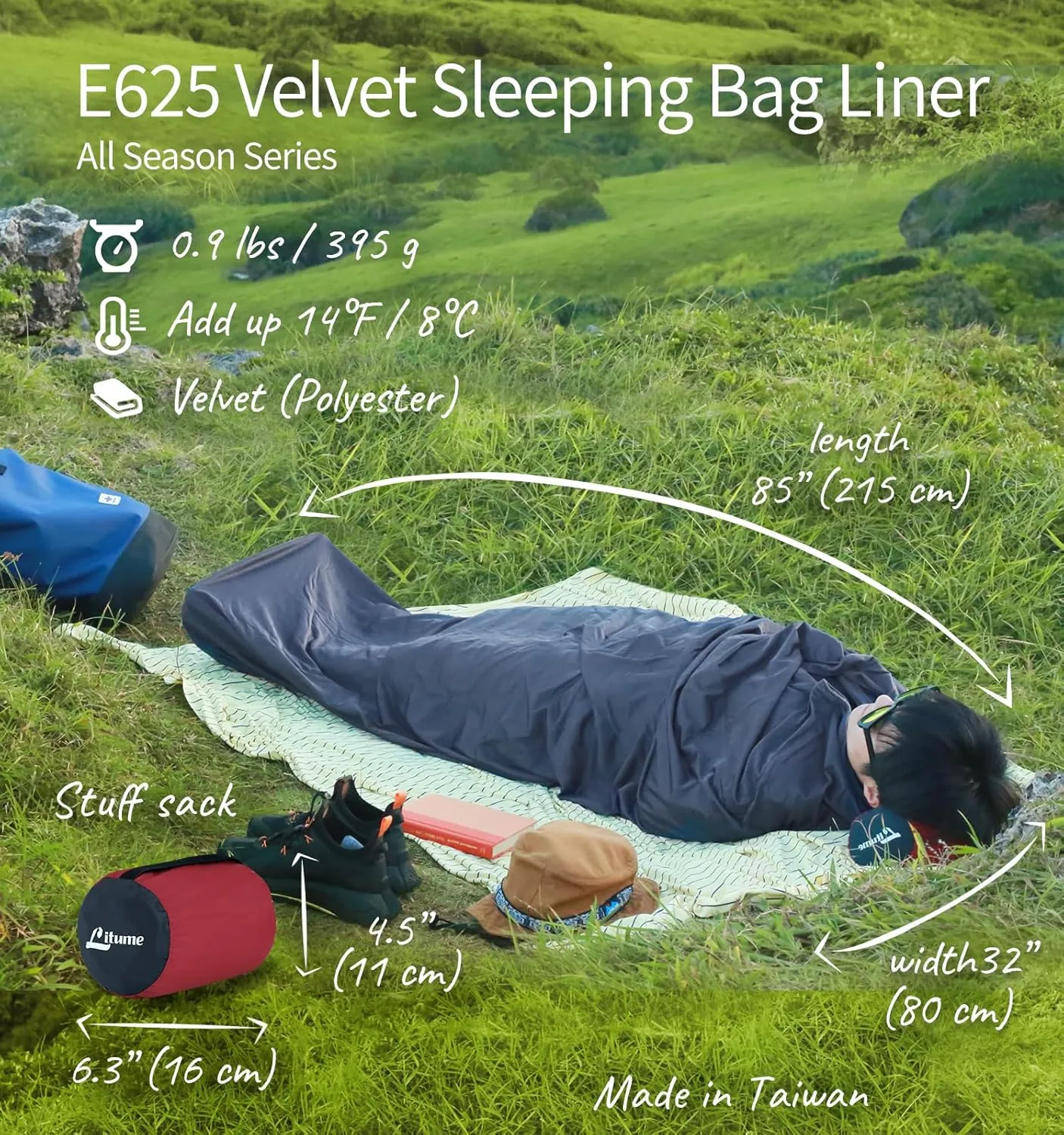 Velvet Velour Sleeping Bag Liner Add Up to 14°F/ 8°C, Anti Static Mummy Sleeping Sack Backpacking, Camping, Traveling, Hotel, Hostal, Lightweight Sleep Sack with Drawstring Hood E625