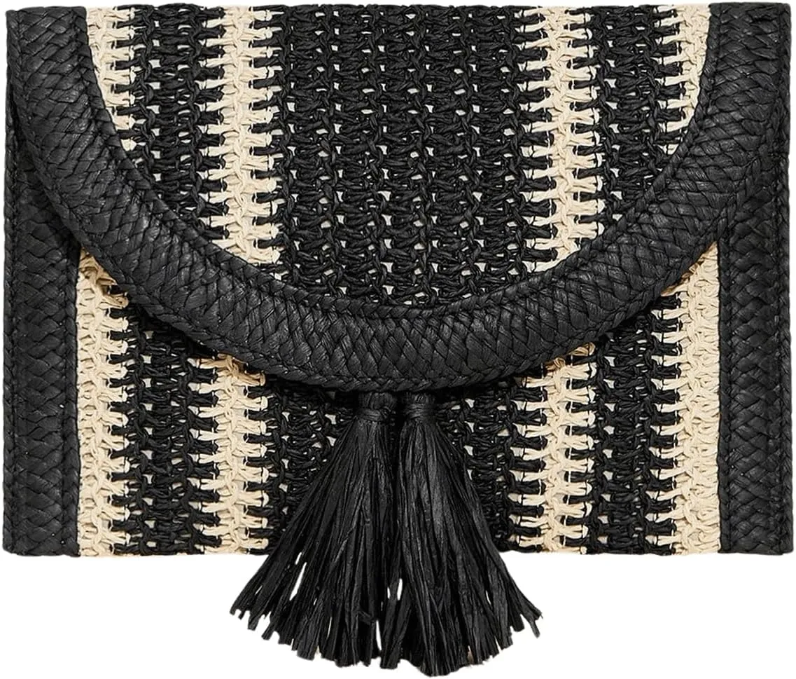 Verdusa Women's Colorblock Striped Woven Square Bags Vacation Fringe Clutch Purses