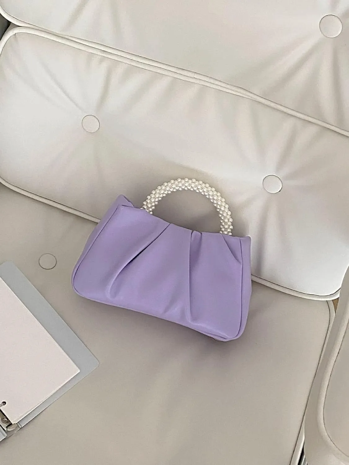 Verdusa Women's Evening Purses Pearl Clutch Handbags Leather Ruched Crossbody Bag