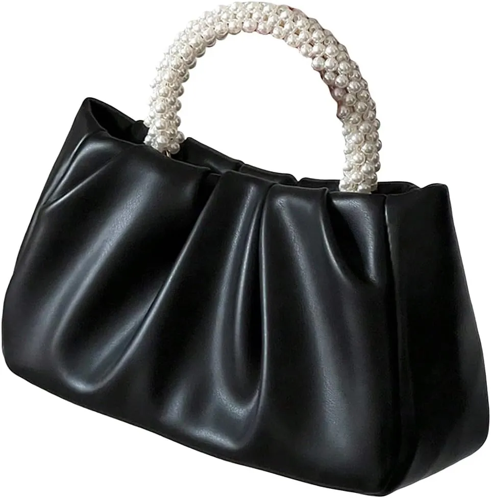 Verdusa Women's Evening Purses Pearl Clutch Handbags Leather Ruched Crossbody Bag