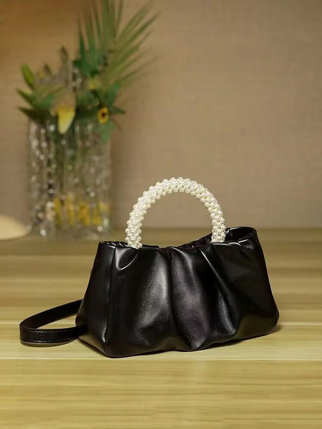Verdusa Women's Evening Purses Pearl Clutch Handbags Leather Ruched Crossbody Bag