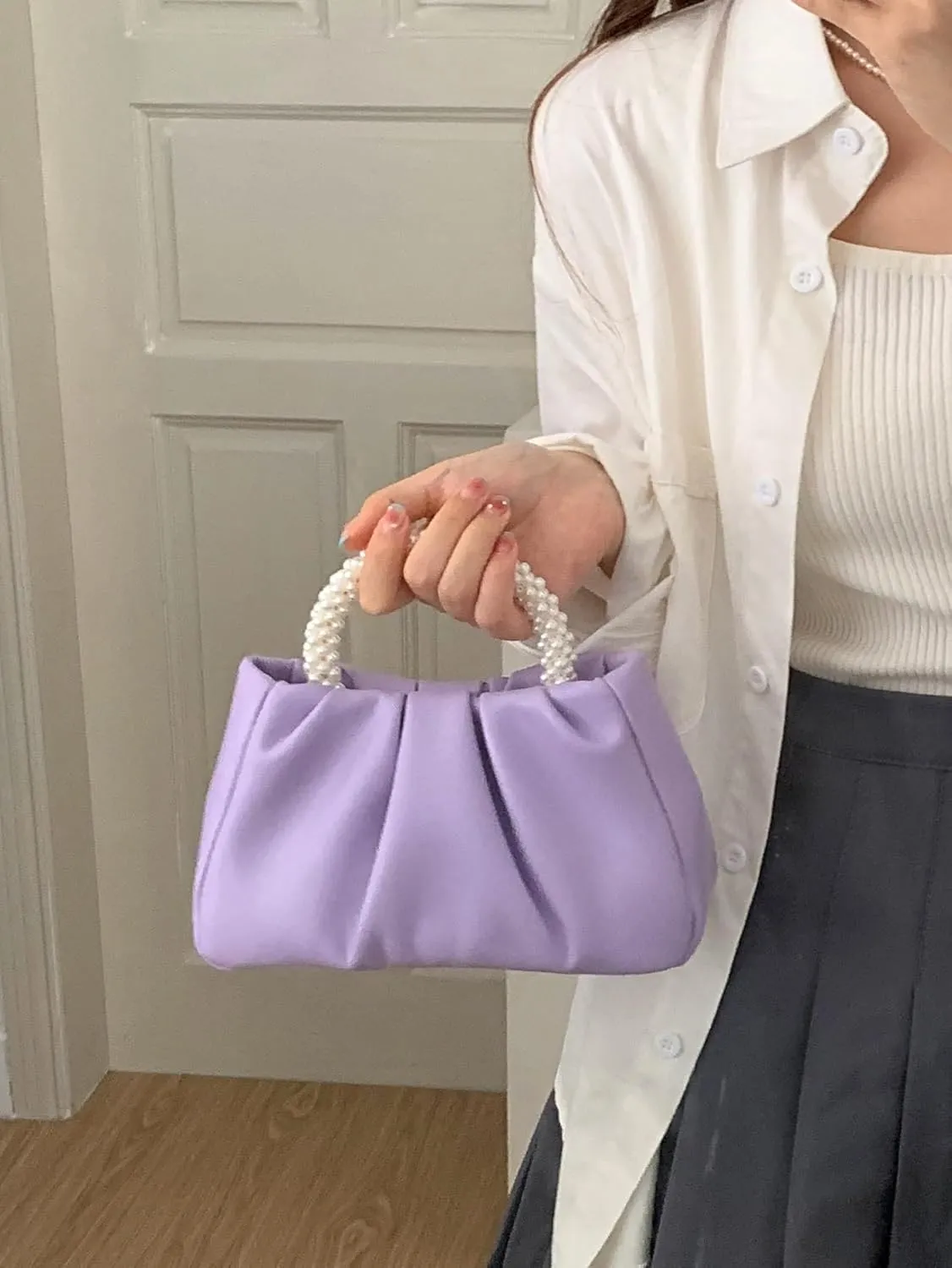 Verdusa Women's Evening Purses Pearl Clutch Handbags Leather Ruched Crossbody Bag