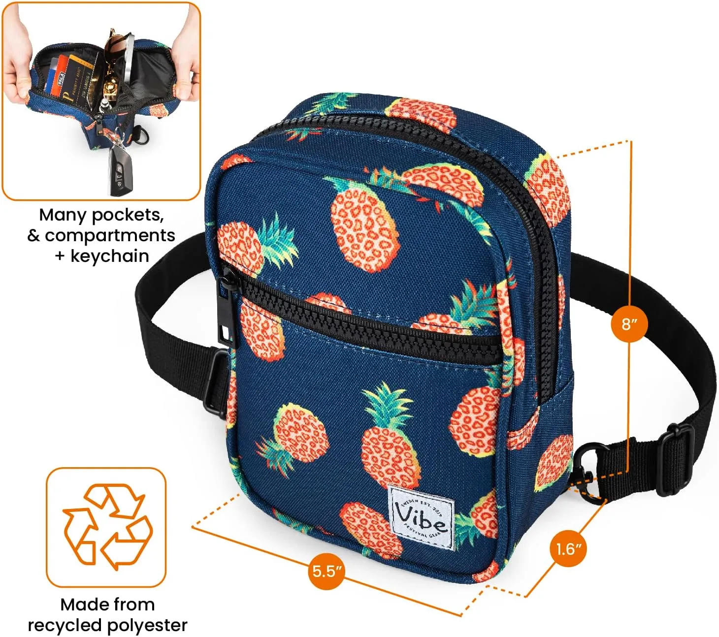Vibe Festival Gear Small Crossbody Sling Bag for Women Men 5in1 Multi-Use from (rPET) Recycled Polyester Belt Bag Cross Body Backpack Fanny Pack Purse - Pineapples