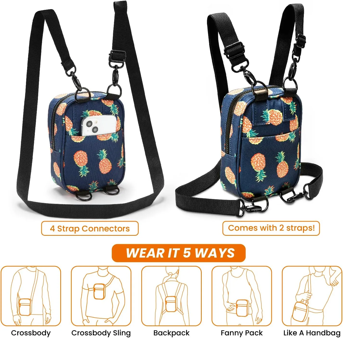 Vibe Festival Gear Small Crossbody Sling Bag for Women Men 5in1 Multi-Use from (rPET) Recycled Polyester Belt Bag Cross Body Backpack Fanny Pack Purse - Pineapples