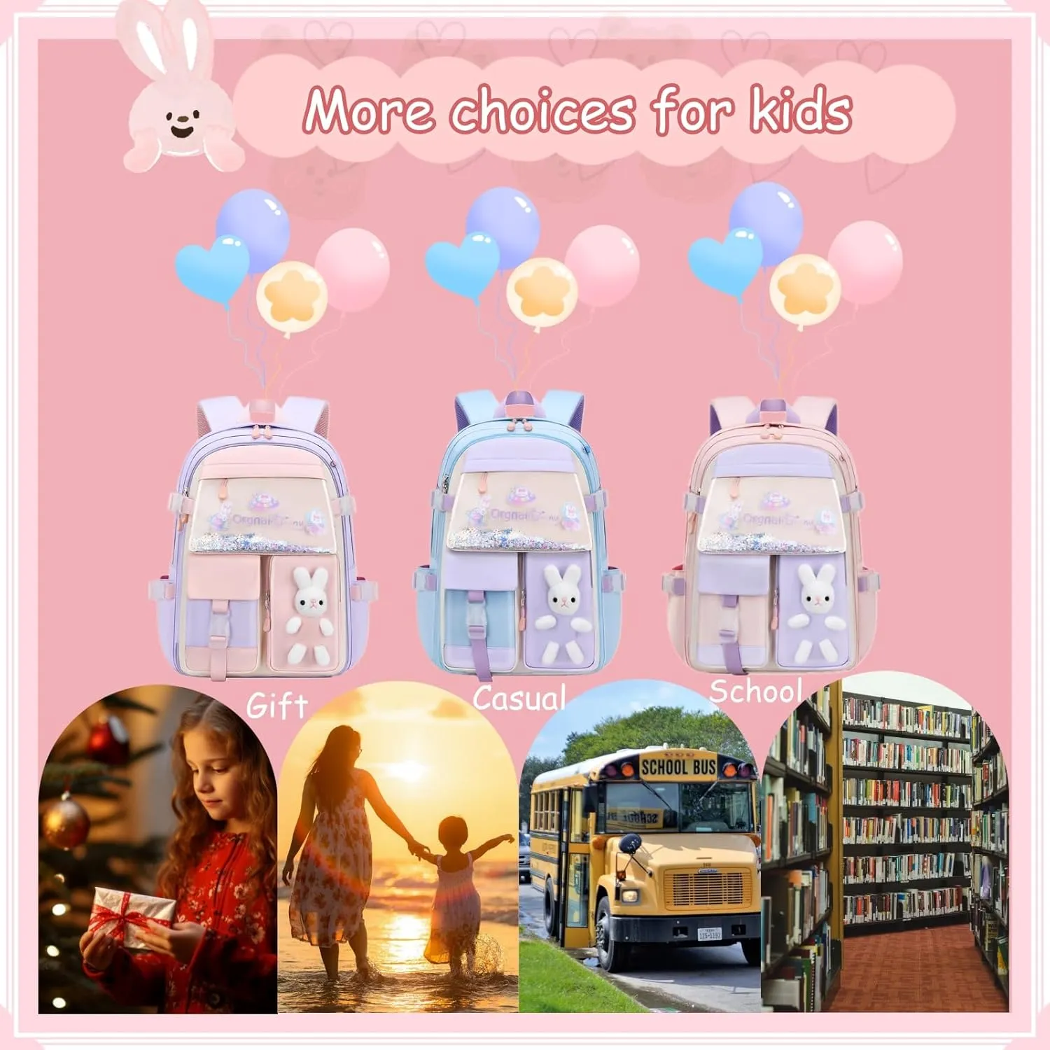 VIDOSCLA 3Pcs Bunny Backpack for Girls Kawaii Kids Backpack Girls Backpack with Lunch Box Set-3Pcs Blue S