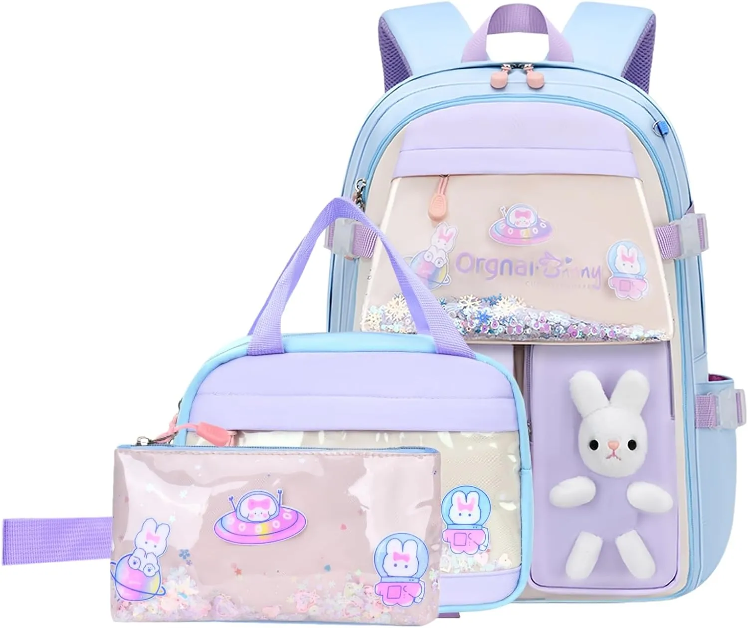 VIDOSCLA 3Pcs Bunny Backpack for Girls Kawaii Kids Backpack Girls Backpack with Lunch Box Set-3Pcs Blue S