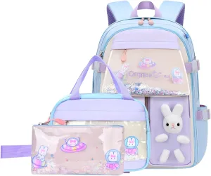 VIDOSCLA 3Pcs Bunny Backpack for Girls Kawaii Kids Backpack Girls Backpack with Lunch Box Set-3Pcs Blue S