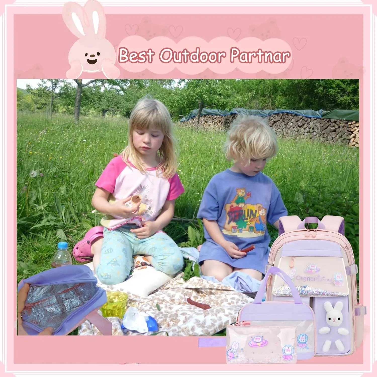 VIDOSCLA 3Pcs Bunny Backpack for Girls Kawaii Kids Backpack Girls Backpack with Lunch Box Set-3Pcs Blue S