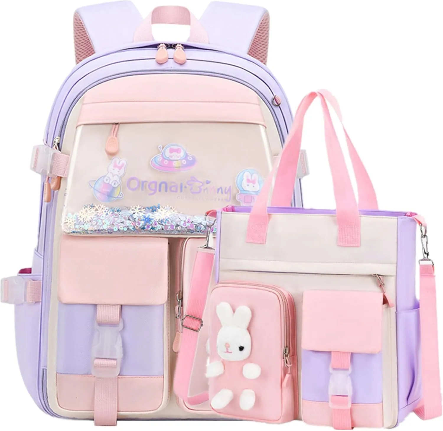 VIDOSCLA Bunny Backpack for Girls Cute Sequin Kids Backpack with Tuition Tote Bag