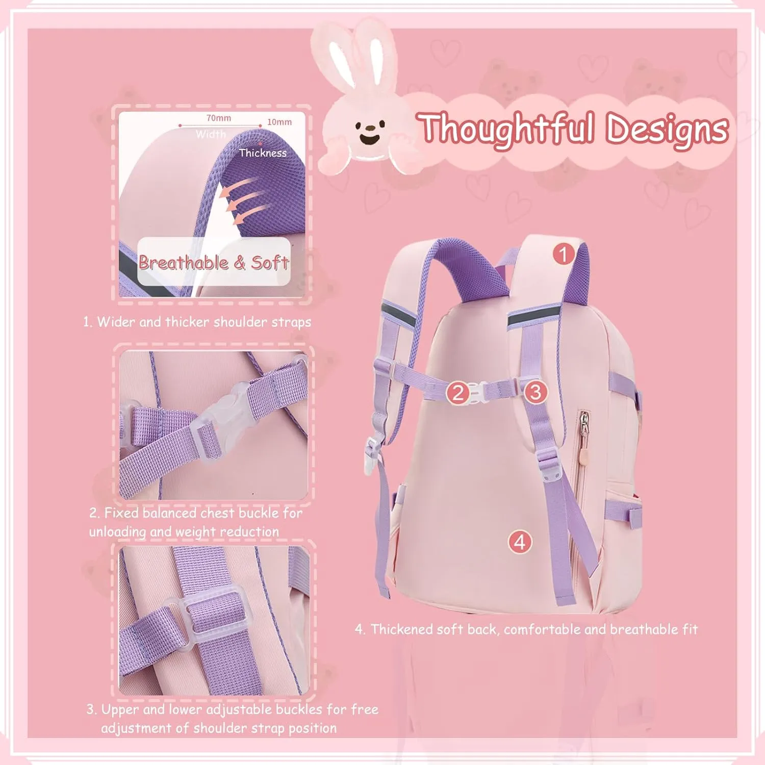 VIDOSCLA Bunny Girls Backpack for School Kawaii Kids Backpack Cute Sequin School Bag for Girls