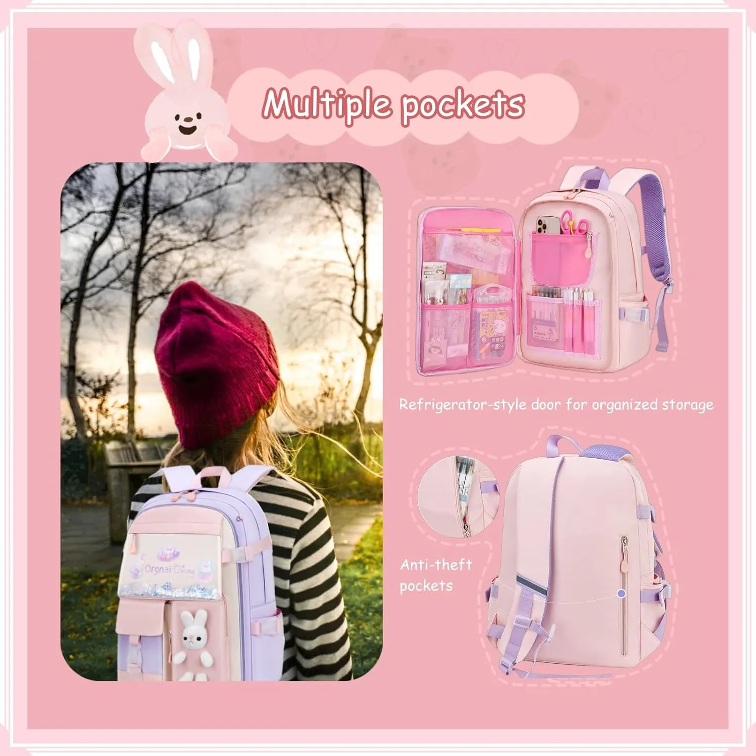 VIDOSCLA Bunny Girls Backpack for School Kawaii Kids Backpack Cute Sequin School Bag for Girls