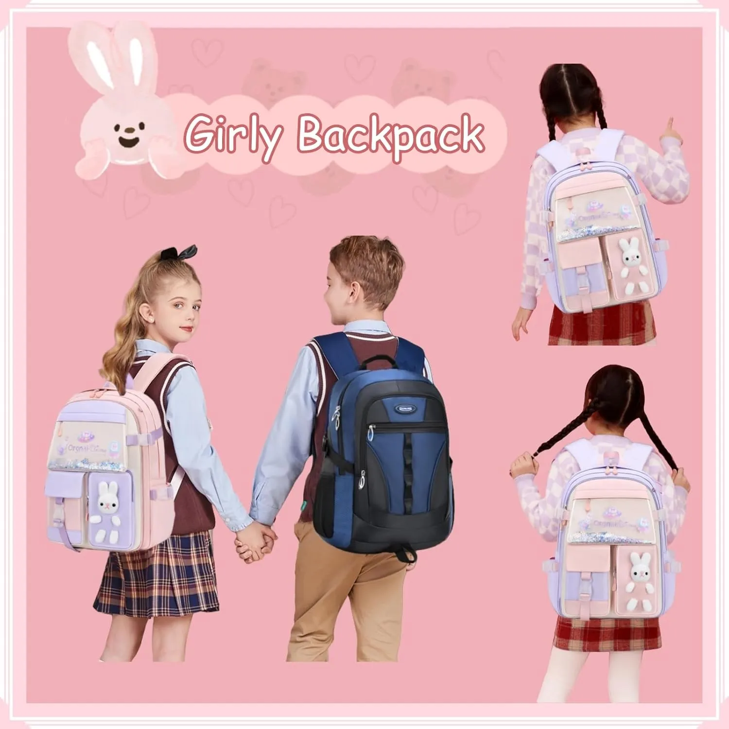 VIDOSCLA Bunny Girls Backpack for School Kawaii Kids Backpack Cute Sequin School Bag for Girls