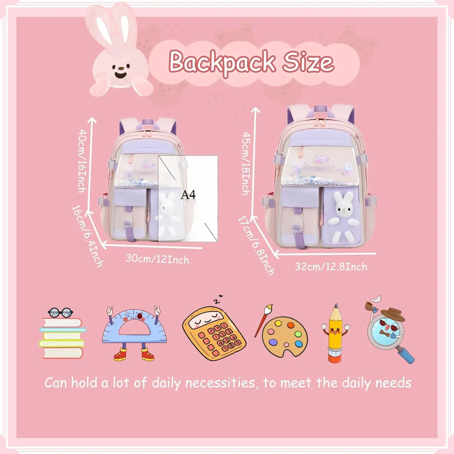 VIDOSCLA Bunny Girls Backpack for School Kawaii Kids Backpack Cute Sequin School Bag for Girls