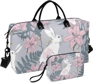 Vintage Bunnies Lillies and Fern Travel Duffle Bag, Large Weekender Overnight Bags for Women Men Waterproof Carry on Shoulder Tote Bags for Hospital Maternity Mommy Gym with Toiletry Bag