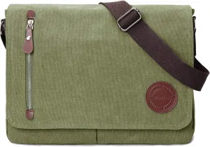 Vintage Canvas Satchel Messenger Bag for Men Women,Travel Shoulder bag 13.5" Laptop Bags Bookbag (Army green)