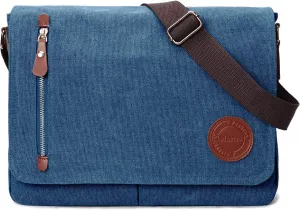 Vintage Canvas Satchel Messenger Bag for Men Women,Travel Shoulder bag 13.5" Laptop Bags Bookbag (Blue)