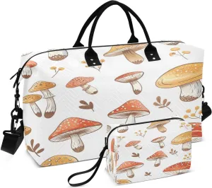 Vintage Colorful Mushroom Quilted Weekender Travel Bag with Toiletry Bag Gym Tote Handbag Carry On Duffel Bags-2Pack