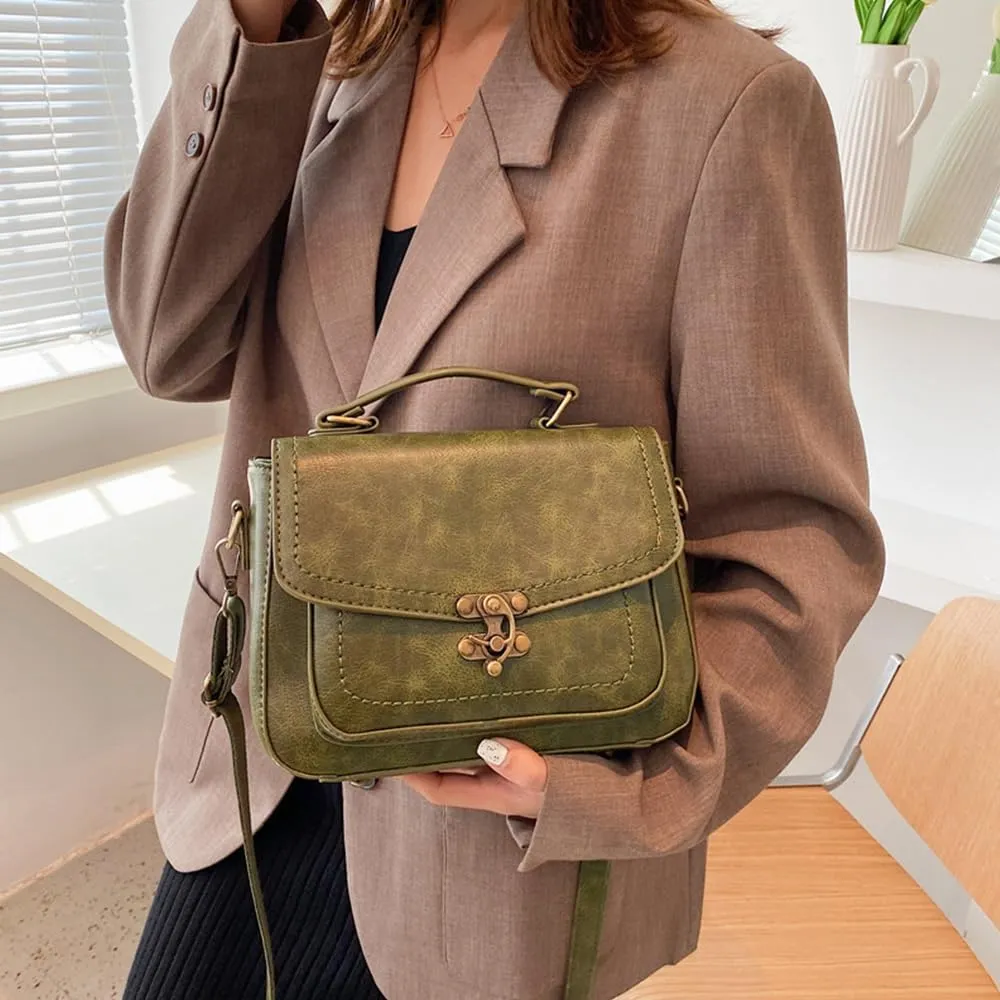 Vintage Crossbody Bags for Women, Small Leather Purse Messenger Bag, Retro Women Shoulder Handbag with Top Handle