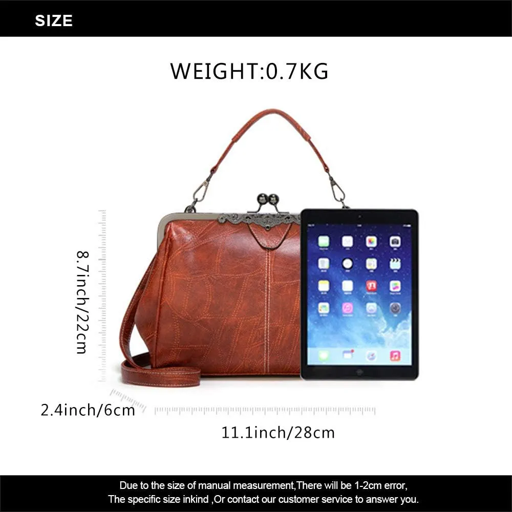 Vintage Kiss Lock Handbags for Women Oil Leather Evening Clutch Satchel Purse Tote