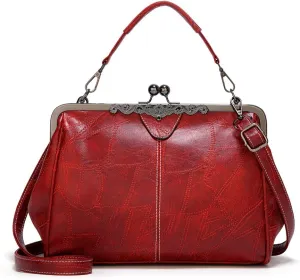 Vintage Kiss Lock Handbags for Women Oil Leather Evening Clutch Satchel Purse Tote