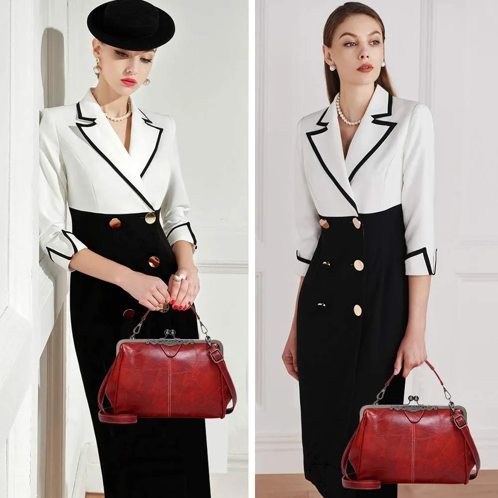 Vintage Kiss Lock Handbags for Women Oil Leather Evening Clutch Satchel Purse Tote