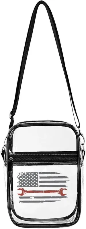 Vintage Mechanic U.S. Flag Clear Purse Stadium Crossbody Bags with Adjustable and Removable Strap Shoulder Handbags