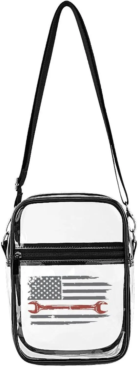 Vintage Mechanic U.S. Flag Clear Purse Stadium Crossbody Bags with Adjustable and Removable Strap Shoulder Handbags