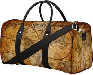 Vintage World Map Travel Duffel Bag for Women Men, Retro Education Map Sport Tote Gym Bag Foldable Weekender Overnight Bag Waterproof Carry On Luggage Bag