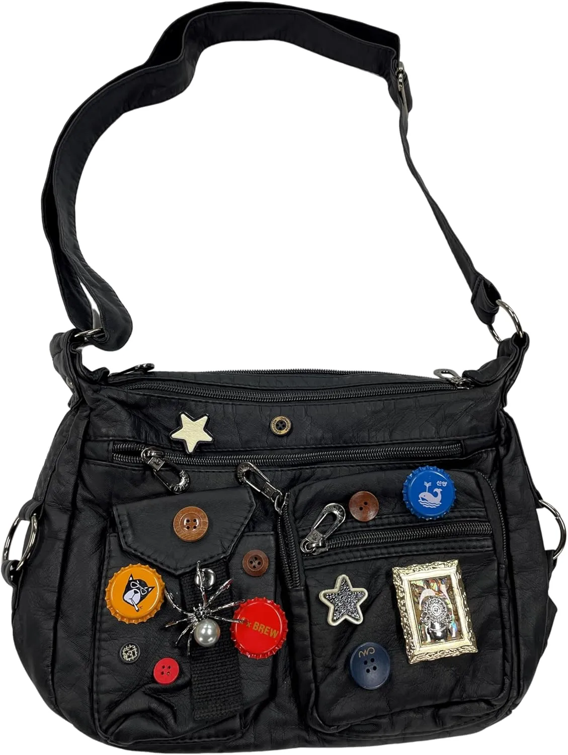 Vintage Y2K Crossbody Bag for Women- Adjustable Strap, Retro Button Design, Multi-Pocket PU Leather Bag