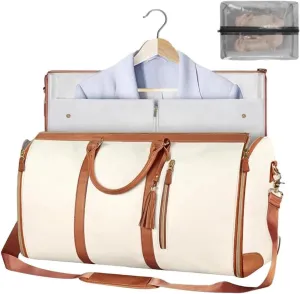 Viralhuntz Travel Bag, Large Capacity Unfoldable Duffle Bag, 2 in 1 Convertible Large PU Leather Waterproof Duffle Bag with Shoe Pouch (0528 off-white)