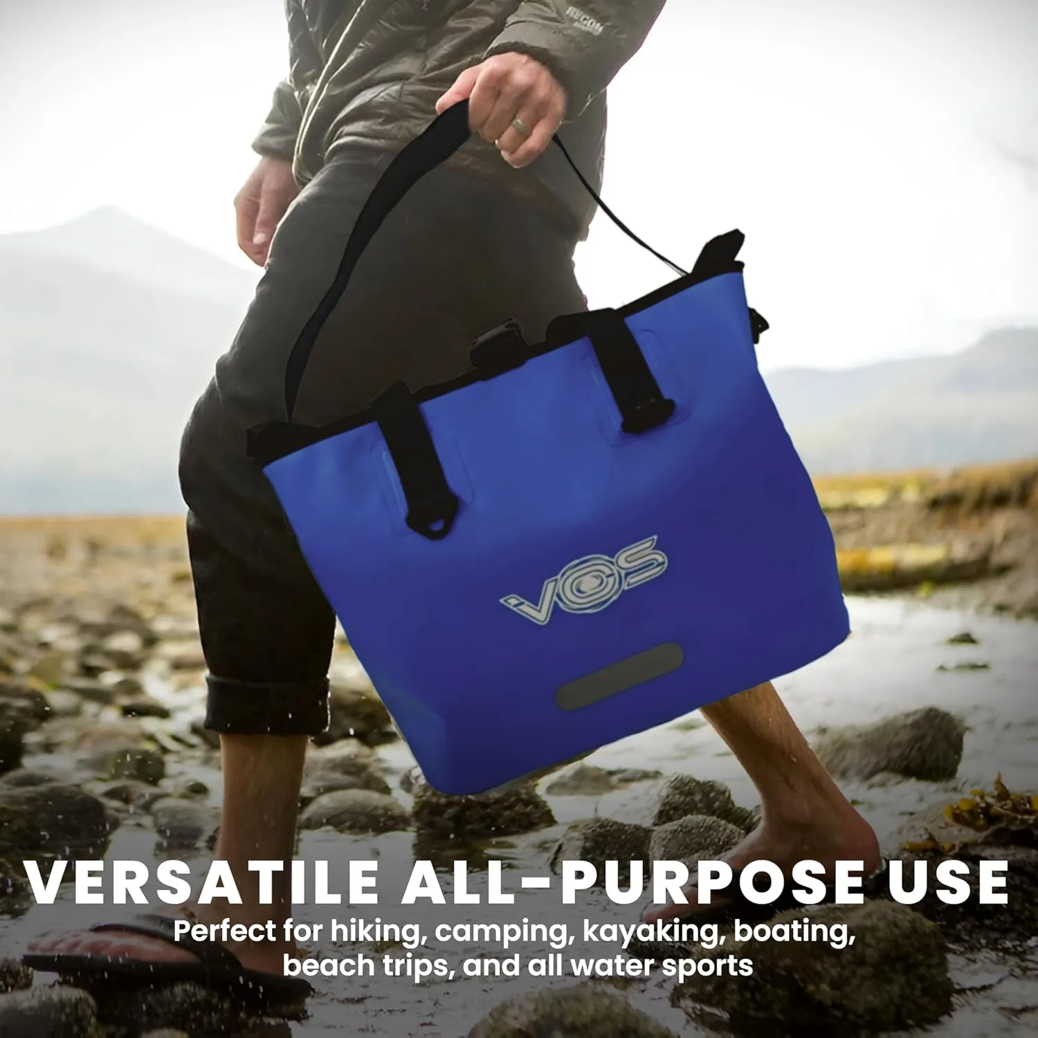 VOS Waterproof Premium Dry Bag – All-purpose Tote Bag with Zip Pocket (Blue) - Keep Your Gear & Personal Items Dry During Hiking, Camping, and Water Sports