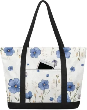 Watercolor Blue Wildflower Canvas Tote Bag Casual Shoulder Handbag Large Shopping Bags With 5 Pocket Carry On Weekender Backpack for Women Travel Work Gifts Duffle Grocery Compartment