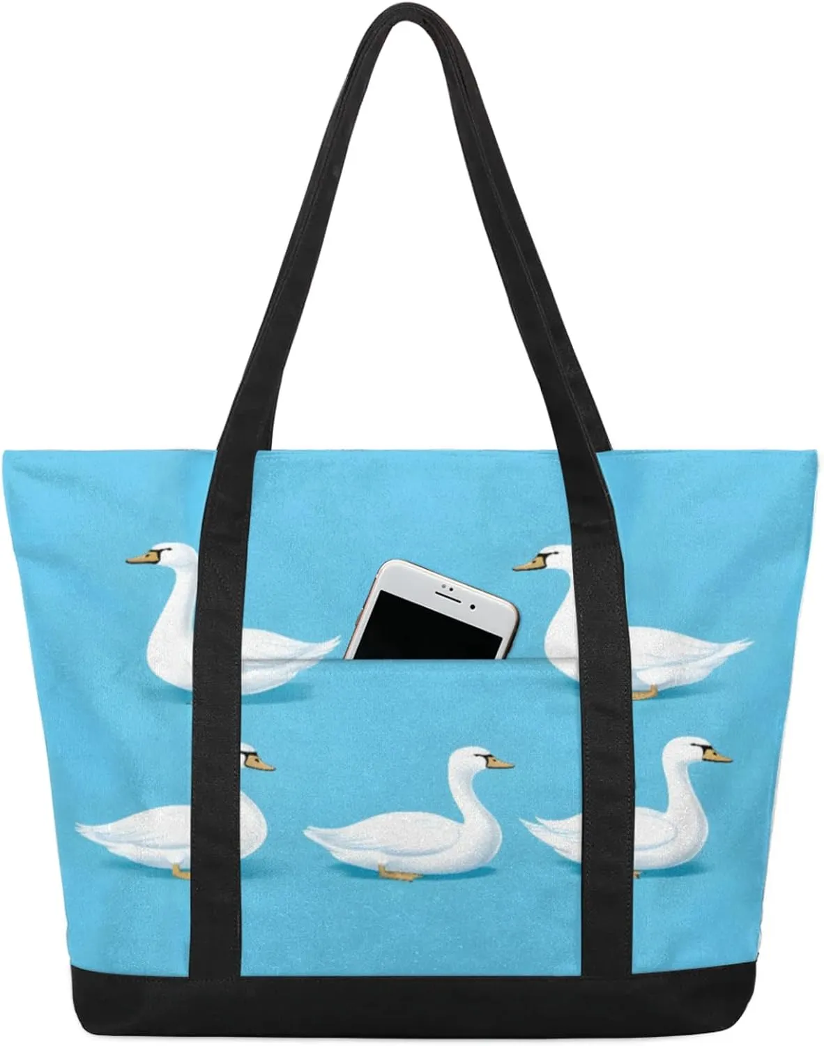 Watercolor Blue Wildflower Canvas Tote Bag Casual Shoulder Handbag Large Shopping Bags With 5 Pocket