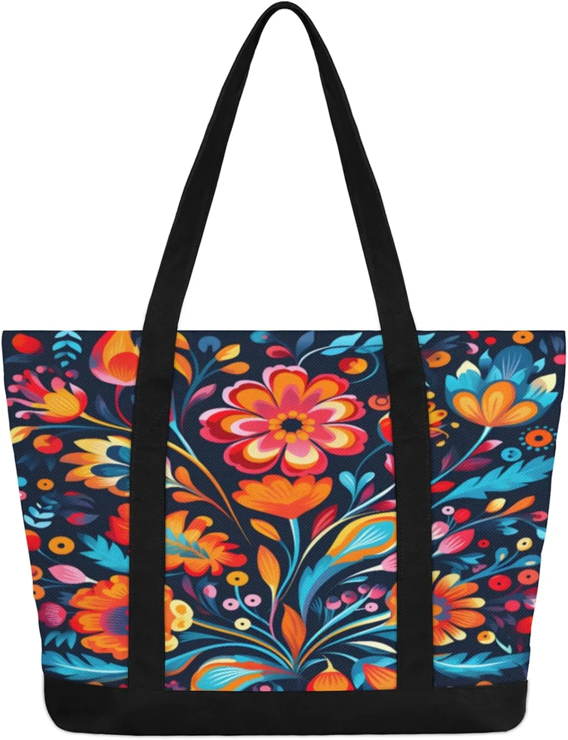 Watercolor Blue Wildflower Canvas Tote Bag Casual Shoulder Handbag Large Shopping Bags With 5 Pocket