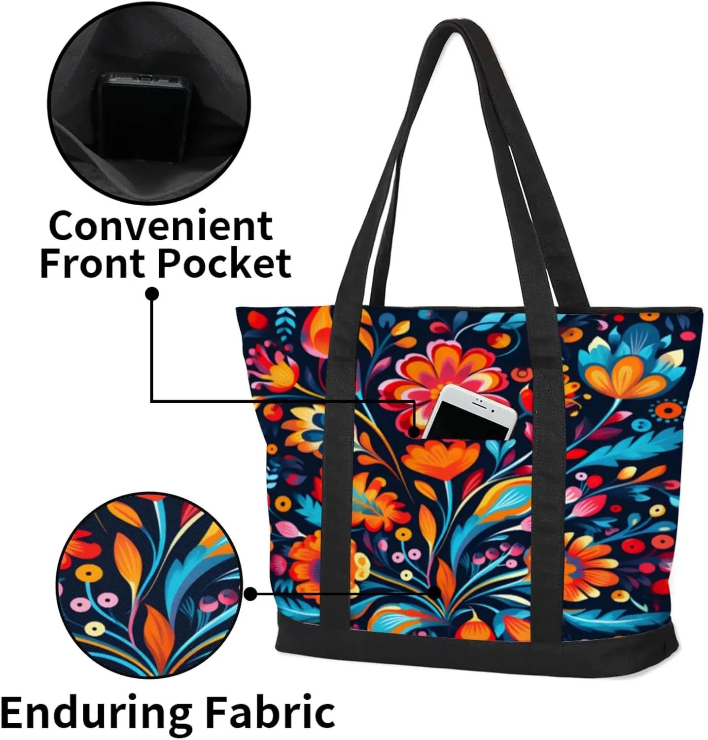 Watercolor Blue Wildflower Canvas Tote Bag Casual Shoulder Handbag Large Shopping Bags With 5 Pocket