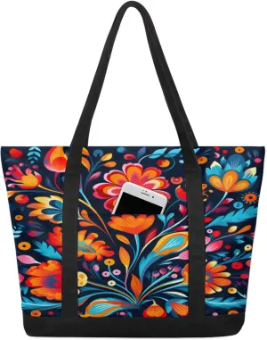 Watercolor Blue Wildflower Canvas Tote Bag Casual Shoulder Handbag Large Shopping Bags With 5 Pocket
