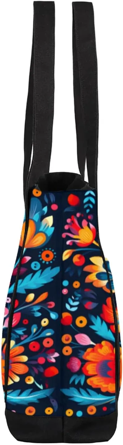 Watercolor Blue Wildflower Canvas Tote Bag Casual Shoulder Handbag Large Shopping Bags With 5 Pocket