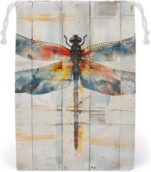 Watercolor Dragonfly Rustic Wood Style Vintage Insect Drawstring Storage Bag Canvas Stuff Sack Reusable Laundry Bags Jewelry Pouch String Bag 20 * 25cm