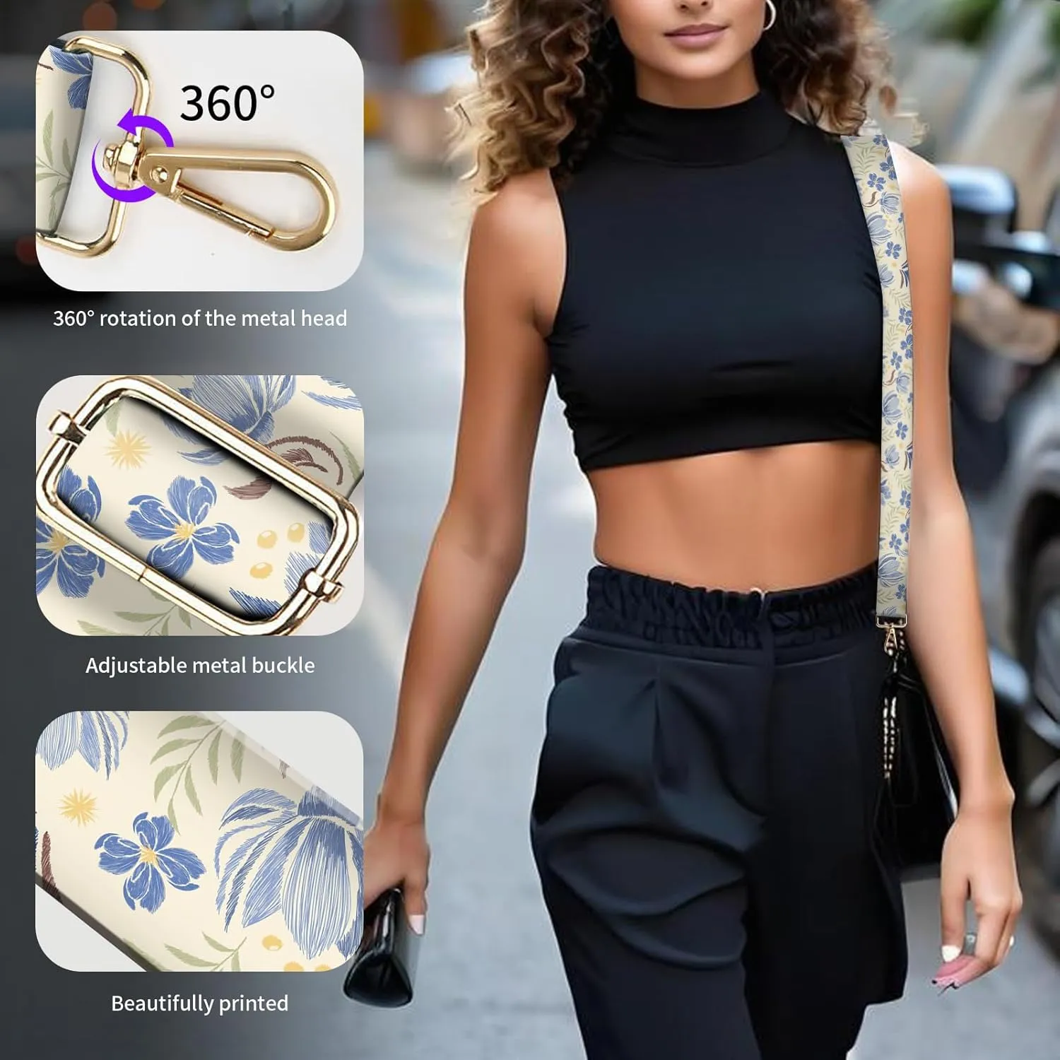 Wide Purse Strap Replacement Crossbody, Funny Shoulder Strap Adjustable, Cute Bag Strap for Women Guitar Purses Cute Blue Flowers